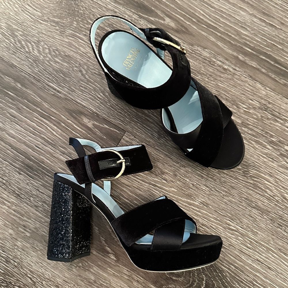 Frances Valentine Black Velvet & Glitter Block Heel Sandals